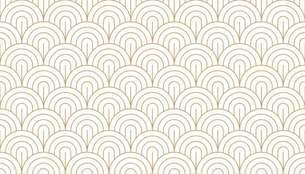 Seamless art deco pattern with multiple golden arch line on white background, gold circle stripe line in fan shape pattern, vector illustration.