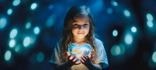 Obraz na płótnie Canvas Girl holding earth in heart shape, Save planet, Earth day, Sustainable living, Ecology environment, Climate emergency action, World environment day concept, illustration for global warming content