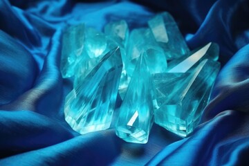 aquamarine crystals kept on a piece of light fabric