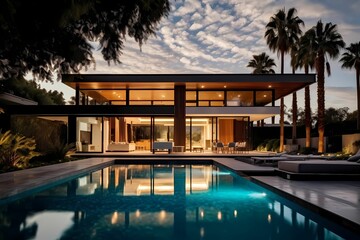 luxury house with modern design with swimming pool in the yard. A house with a design with lots of glass windows.