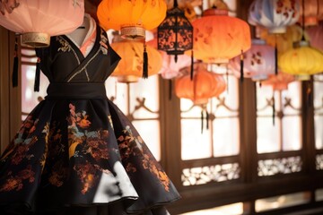 Naklejka premium korean hanbok design detail with hanging lanterns in the background