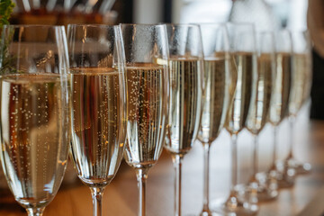 Rows of glasses with sparkling white wine on the celebration