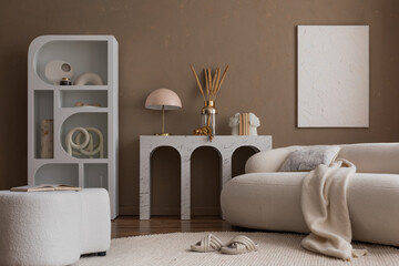 Aesthetic composition of warm and cozy living room interior with mock up poster frame, boucle sofa,...