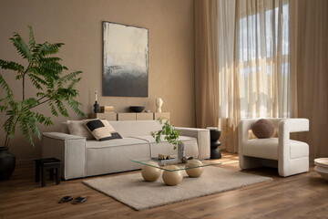 Creative composition of cozy living room interior with mock up poster frame, with mock up poster frame, modular sofa, beige curtain, stylish coffee table and personal accessories. Home decor Template.