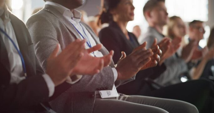 Close Up On Hands Of Audience Of People Applauding In Concert Hall During Business Forum Presentation. Technology Summit Auditorium Room With Corporate Delegates. Entrepreneurs Clapping, Slow Motion.