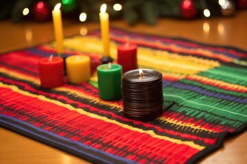 colorful kwanzaa candles on a woven mat