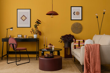 Warm and cozy living room interior with mock up poster frame, stylish sofa, black desk, burgund...