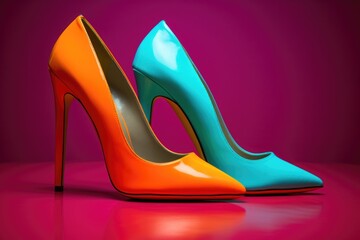 a pair of stiletto shoes in vivid color - obrazy, fototapety, plakaty