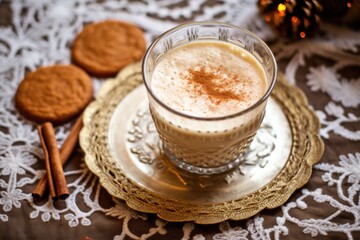 eggnog with a sprinkle of cinnamon, cookies on a lace doily - obrazy, fototapety, plakaty