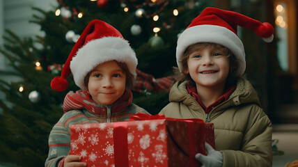 Fototapeta na wymiar cute twin children Wearing a winter coat and a red hat, sitting on the porch in front of the house. In hand holding a small gift box and a Christmas tree. on christmas holiday. Generative AI