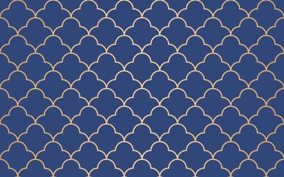  Seamless seashell shape with gold line pattern, oriental style background, vector illustration.
