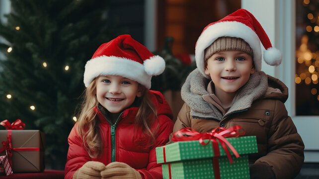 cute twin children Wearing a winter coat and a red hat, sitting on the porch in front of the house. In hand holding a small gift box and a Christmas tree. on christmas holiday. Generative AI