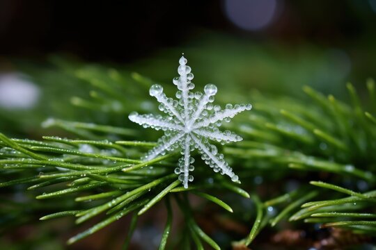 lone snowflake resting on a green pine needle - Powered by Adobe