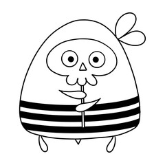 Little illustrated bee character with a skeleton mask for Halloween. Drawn in black and white lines for coloring