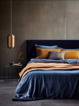 Modern interior with a double bed with an indigo velvet headboard against a beige wall, pillows with bedding in blue and mustard colors, and a golden pendant above a decorative bedside table.