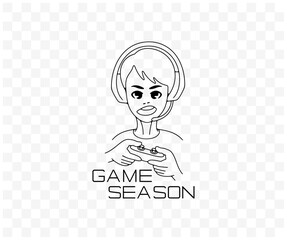 Boy, teenager plays video games in anime style, linear graphic design. Playing, gaming, gamer, amusement, in headphones and with joystick or controller, vector design and illustration