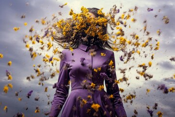 portrait d'une femme à la robe violette dont le visage est caché par des fleurs jaunes volantes  - obrazy, fototapety, plakaty