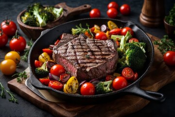 American food concept. Grilled beef steak with grilled vegetables, with carrots, cherry tomatoes, broccoli, in a cast iron pan