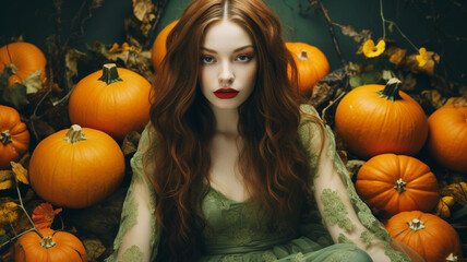 Beautiful woman with pumpkins in autumn