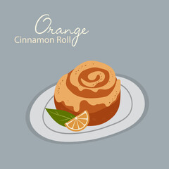 Illustration Cinnamon Roll with Orange and Plate 