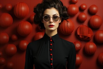 Young attractive lady with sunglasses in black in front of red background, generative ai