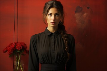 Young attractive lady 
 in black in front of red background, generative ai