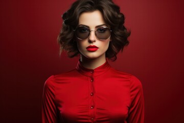 Young attractive lady with sunglasses in red in front of red background, generative ai