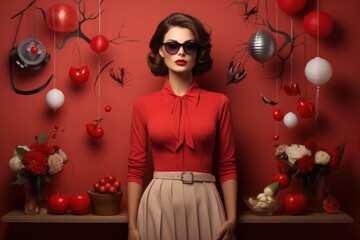 Young attractive lady with sunglasses in red in front of red background, generative ai