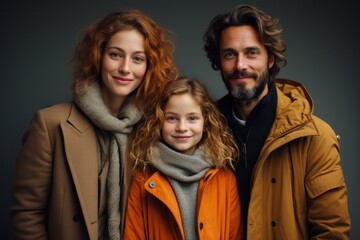 Father, Mother, Daughter - a young family in fall or winter clothes, generative ai