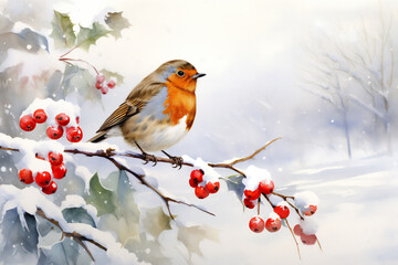 Watercolour of a robin redbreast (Erithacus rubecula) bird in the winter snow, a British European garden songbird often found on Christmas greeting cards, computer Generative AI stock illustration - obrazy, fototapety, plakaty
