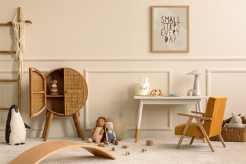 Fototapeta na wymiar Creative composition of children room interior with mock up poster frame, white desk, yellow armchair, plush toys, pouf, rattan sideboard, gray lamp and personal accessories. Home decor. Template.