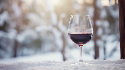 Glass of red wine in snowy winter setting