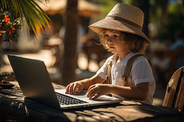 Little boy in straw hat is playing computer game or watching cartoon by laptop in a cafe on a...