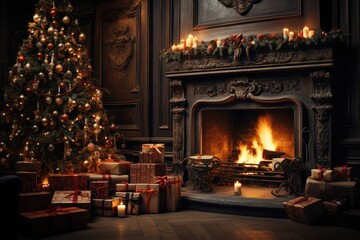 interior christmas. magic glowing tree, fireplace, gifts in dark at night. Living room home...