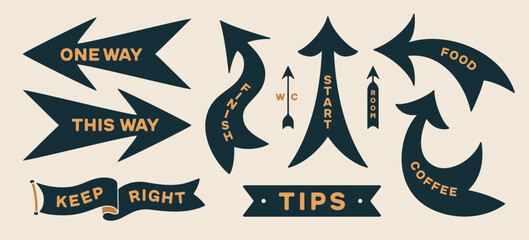 Arrow set. Collection vintage sign, arrow, symbol and graphic element. Design arrow, direction sign, icon for decorative design. Hand-drawn graphics with text, vintage graphic. Vector Illustration - 653271861