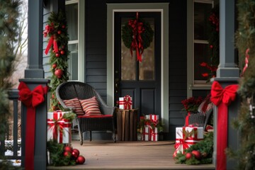 Fototapeta na wymiar front porch decked in holiday trim with a small wrapped gift