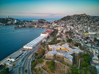Mexico, Acapulco, aerial drone view of the town and fortress