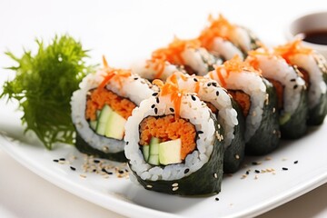 seafood-free sushi rolls on a white plate