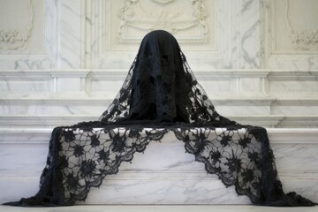 black lace veil draping over a white marble bench