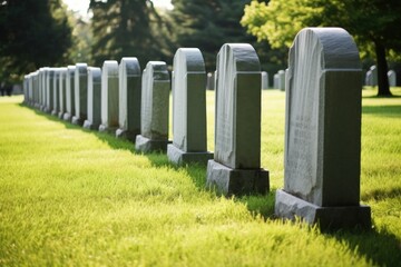 an orderly row of grey tombstones against a green lawn