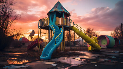 abandoned children park in sunset, apocalyptic Symphony - obrazy, fototapety, plakaty