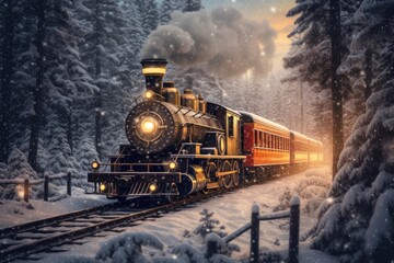Old steam locomotive rides through a winter forest. - obrazy, fototapety, plakaty