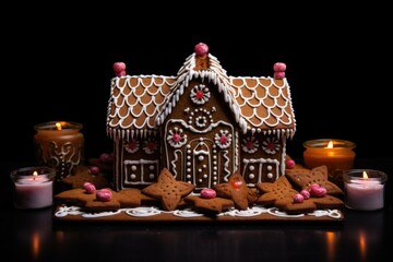 gingerbread house with lit candles inside, against a black background