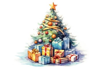 Christmas tree and Christmas gifts. Watercolor illustration