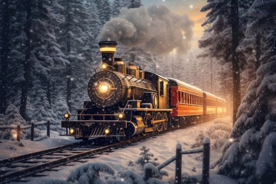 Old steam locomotive rides through a winter forest.