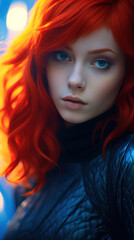 Fototapeta premium Portrait of Stunning Young Alien Woman with Blue Hair Captured in Golden Hour and Natural Light, High-Quality Beauty Photography 
