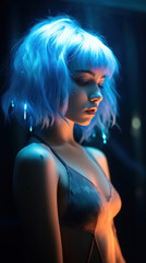 Portrait of Stunning Young Alien Woman with Blue Hair Captured in Golden Hour and Natural Light, High-Quality Beauty Photography	