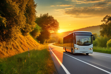bus on asphalt road at sunset - Powered by Adobe