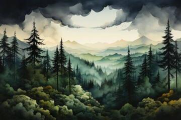 illustration of pine forest in mountain