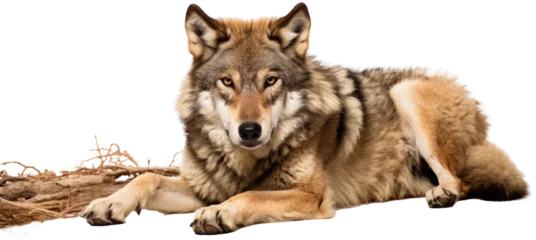 Gordijnen wolf lying on the ground isolated on a white background as transparent PNG © Flowal93